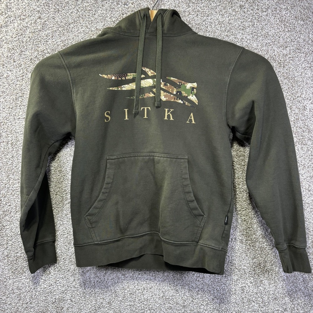 Sitka Hoodie Mens Small Green Fleece Pullover Logo Camo Sweatshirt Hunting